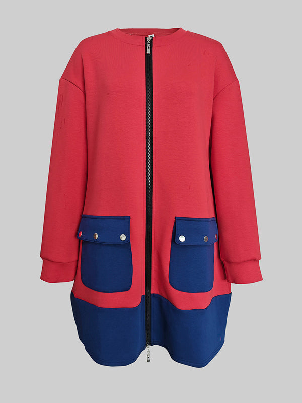 Olivia Bennet | Long Sleeves Loose Contrast Color Pockets Split-Joint Zipper Round-Neck Midi Dresses