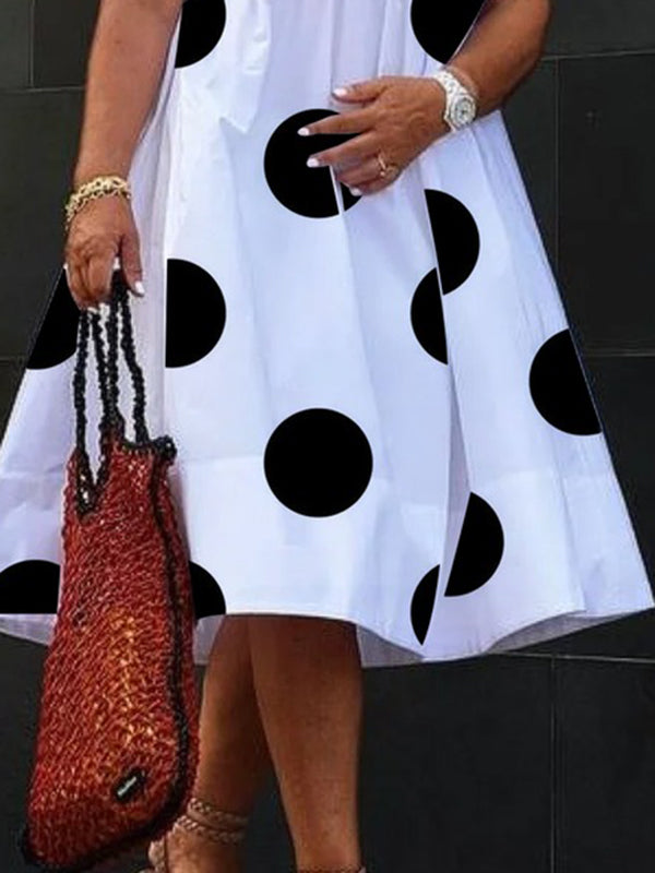 Olivia Bennet | A-Line Short Sleeves Pleated Polka-Dot Printed Split-Joint Round-Neck Midi Dresses