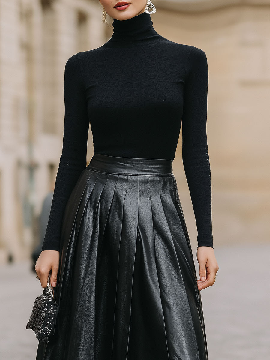 Olivia Bennet | Black Ribbed Turtleneck & High-Waist Pleated Leather Skirt Set