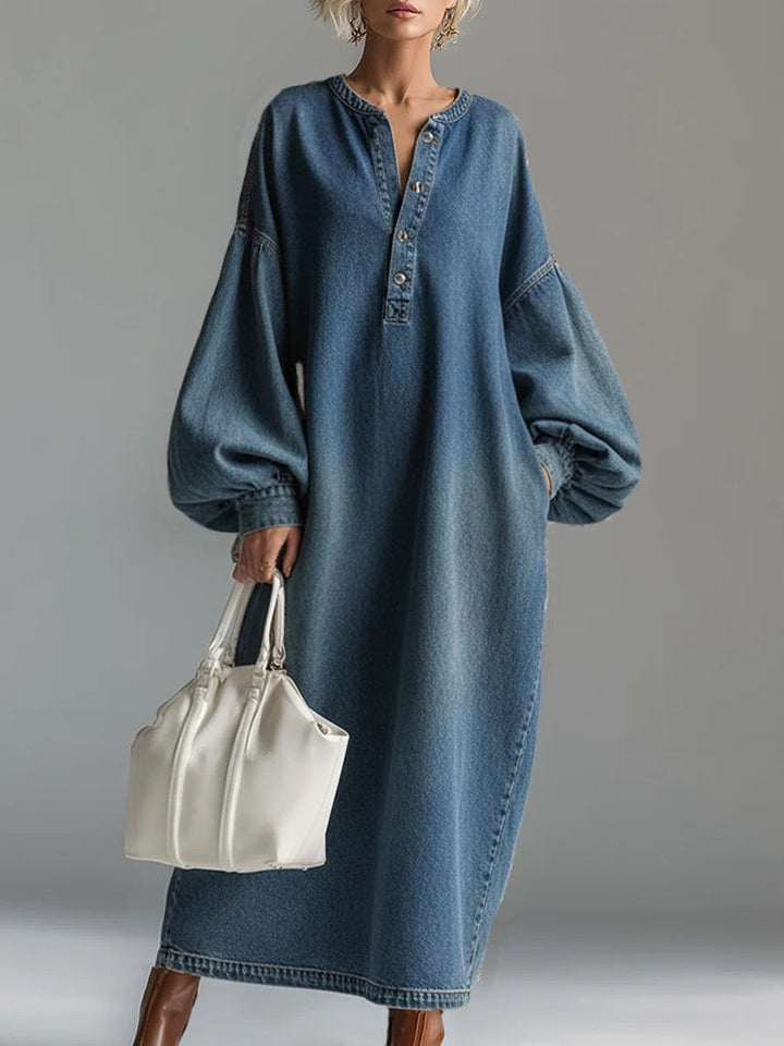 Olivia Bennet | Long Sleeves Loose Buttoned Pockets Solid Color V-Neck Maxi Dresses