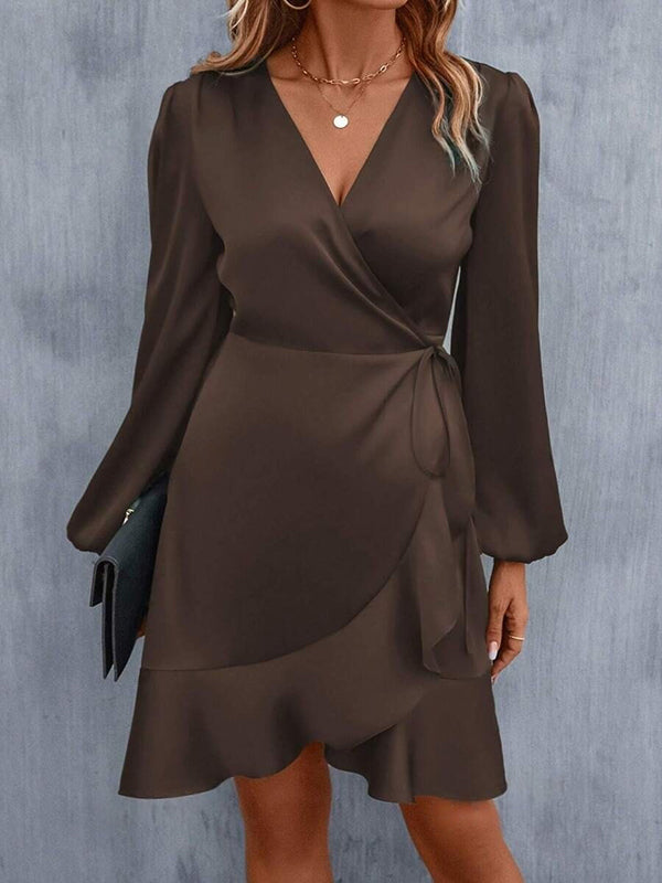 Olivia Bennet | High Waisted High-Low Elasticity Pleated Solid Color Split-Joint Tied V-Neck Mini Dresses