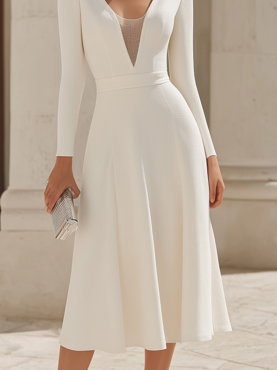 Olivia Bennet | Long Sleeve Deep V Sheer-Panel Midi Dress