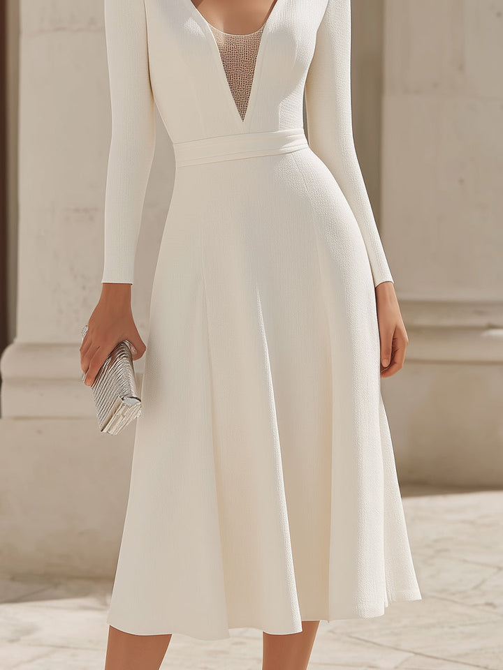Olivia Bennet | Long Sleeve Deep V Sheer-Panel Midi Dress