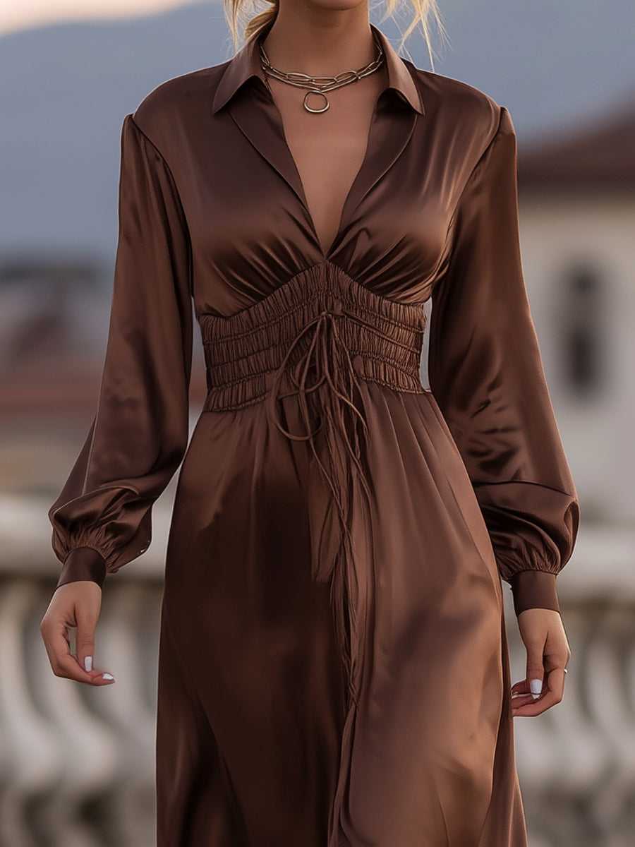 Olivia Bennet | Olivia Bennet Satin Cinched Waist Maxi Dress In Mocha Brown