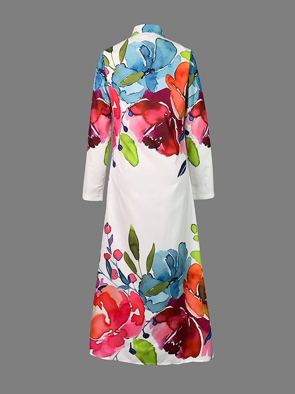 Olivia Bennet | Long Sleeves Loose Buttoned Flower Print Lapel Maxi Dresses Shirt Dress