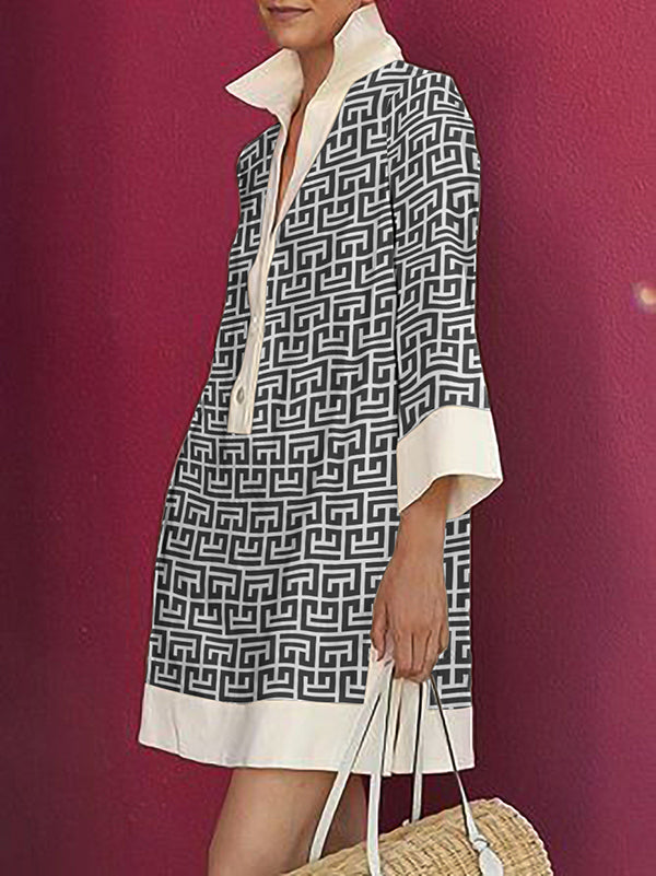 Olivia Bennet | Long Sleeves Three-Quarter Sleeves Buttoned Printed Lapel Mini Dresses Shirt Dress