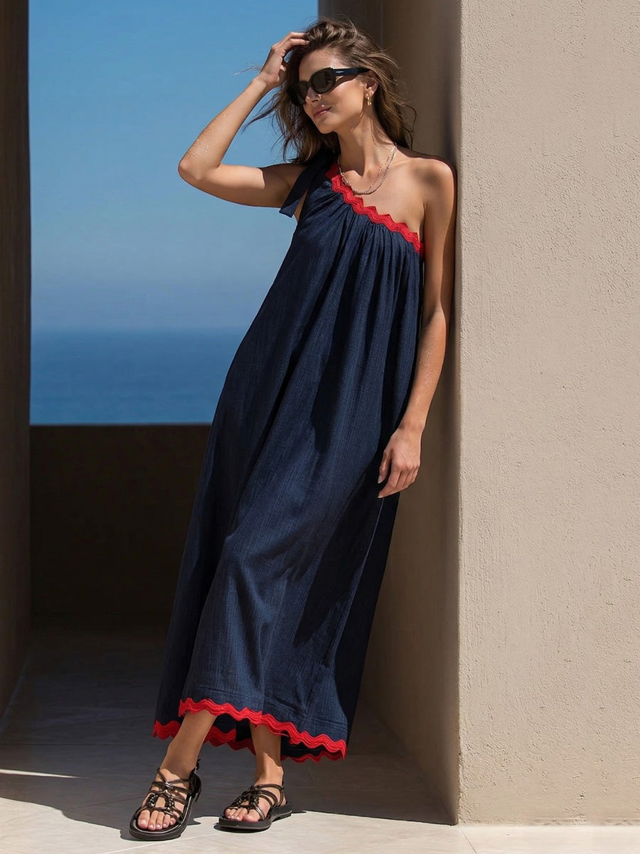 Olivia Bennet | A-Line Loose Pleated Pockets Split-Joint Tied One-Shoulder Maxi Dresses