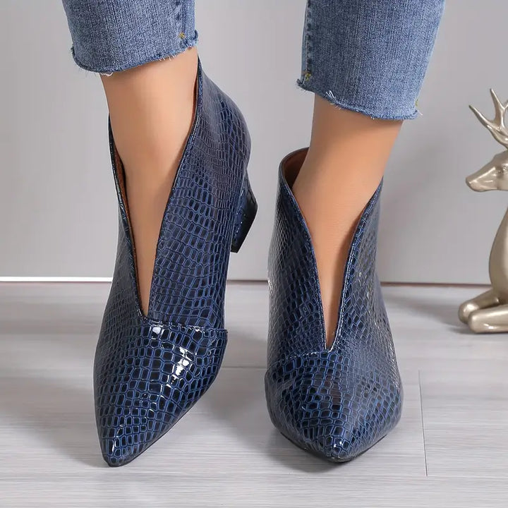 Women's Textured Ankle Boots with Curved Cut and Mid Block Heel