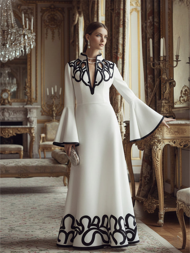 Olivia Bennet | A-Line Flared Sleeves Abstract Printed Contrast Color Hollow Line Split-Joint Stand Collar Maxi Dresses