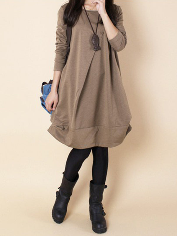 Olivia Bennet | A-line Long Sleeves Pleated Solid Color Round-neck Dresses Maxi Dresses