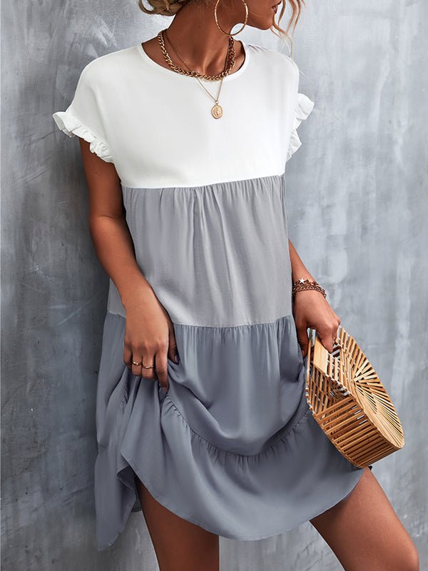 Olivia Bennet | Loose Ruffle Sleeves Contrast Color Falbala Pleated Split-Joint Round-Neck Mini Dresses