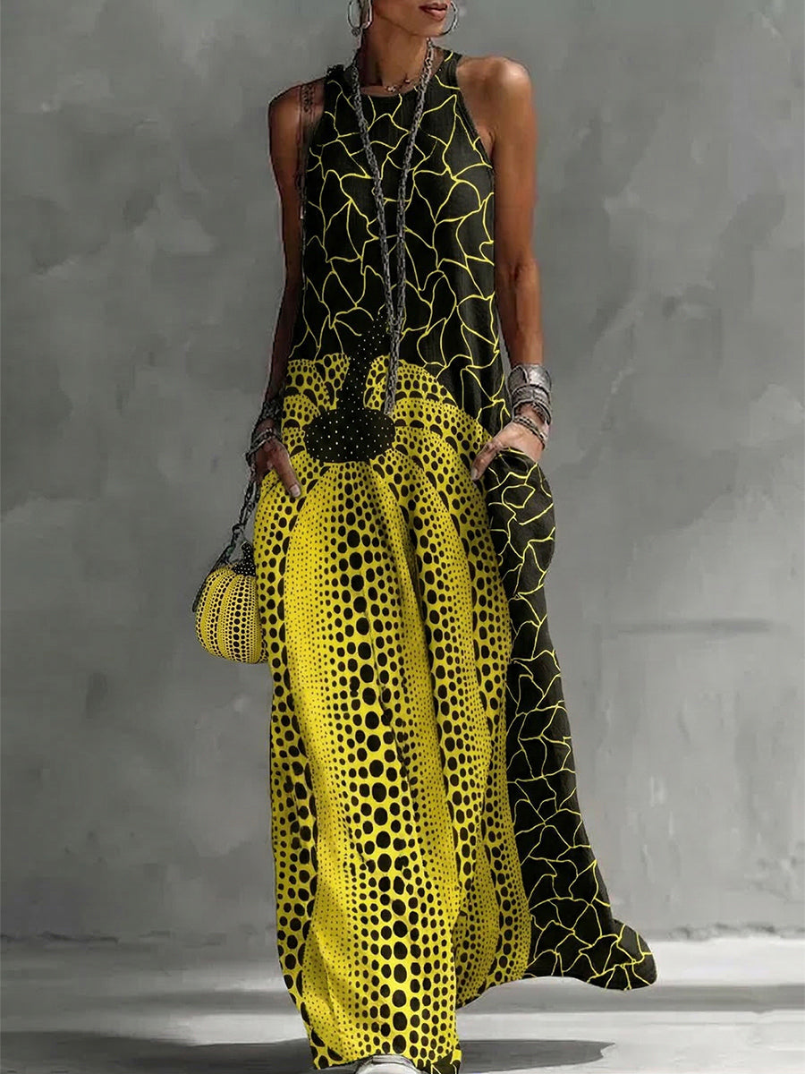 Olivia Bennet | Loose Sleeveless Pockets Polka-Dot Printed Round-Neck Maxi Dresses