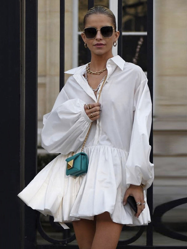 Olivia Bennet | Puff Sleeves Buttoned Solid Color Split-Joint Lapel Mini Dresses Shirt Dress