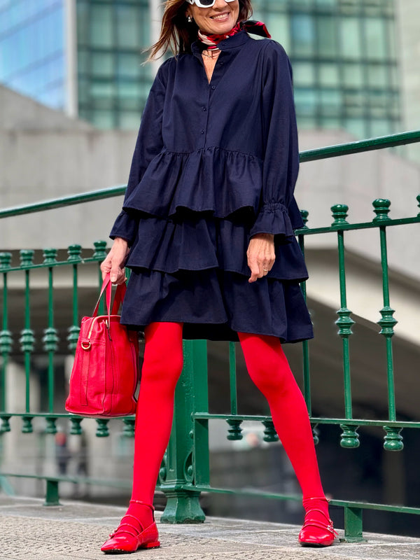 Olivia Bennet | Flared Sleeves Long Sleeves Buttoned Elasticity Layered Solid Color V-Neck Mini Dresses