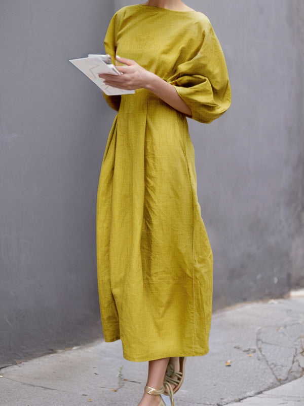 Olivia Bennet | Half Sleeves Loose Solid Color Round-neck Maxi Dresses