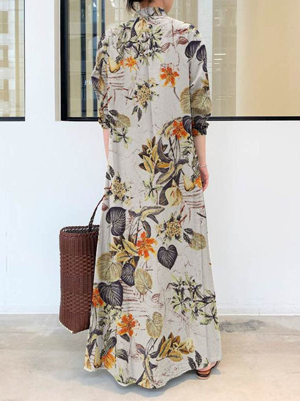 Olivia Bennet | Loose Plus Size Printed Split-Joint Lapel Maxi Dresses Shirt Dress