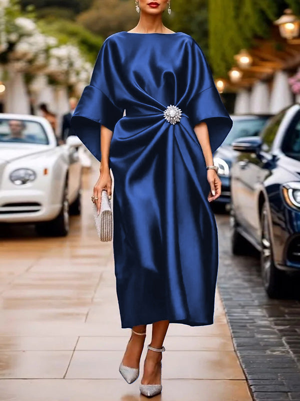 Olivia Bennet | Loose Three-Quarter Sleeves Asymmetric Pleated Split-Joint Round-Neck Maxi Dresses