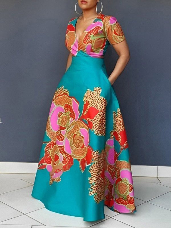 Olivia Bennet | A-Line Loose Floral Printed Split-Joint Deep V-Neck Evening Dresses Maxi Dresses