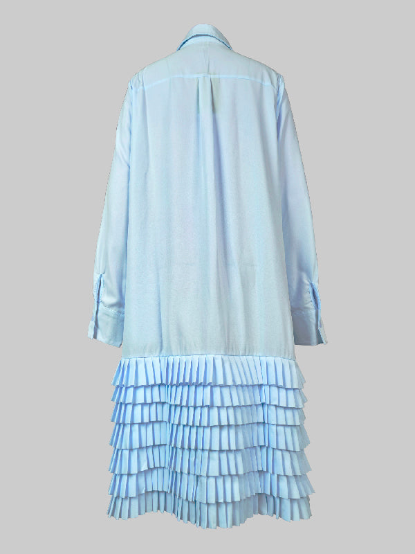 Olivia Bennet | A-Line Long Sleeves Layered Pleated Pockets Solid Color Split-Joint Lapel Midi Dresses Shirt Dress