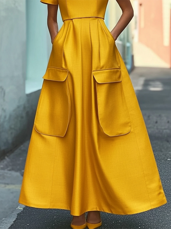 Olivia Bennet | Short Sleeves Pockets Solid Color Stand Collar Maxi Dresses