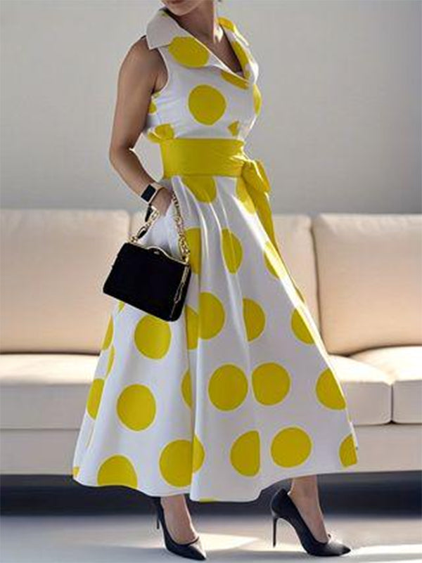 Olivia Bennet | A-Line Sleeveless Polka-Dot Split-Joint Tied Waist Lapel Maxi Dresses Shirt Dress