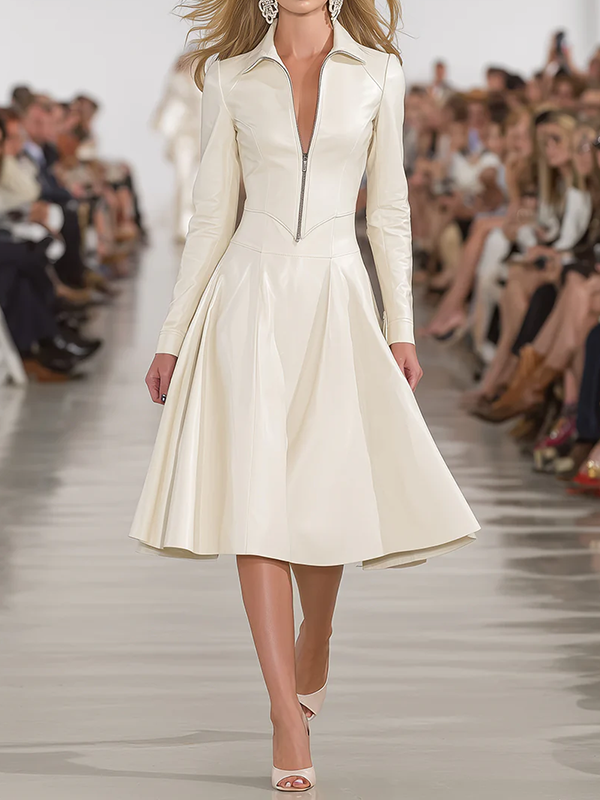 Olivia Bennet | Long Sleeves Skinny Soft Zipper Lapel Midi Dresses
