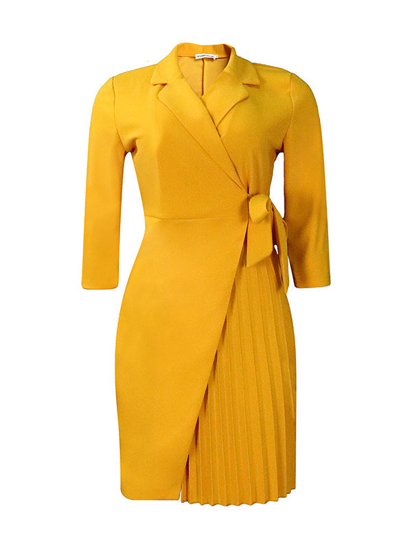 Olivia Bennet | Three-Quarter Sleeves Pleated Solid Color Split-Front Tied Waist V-Neck Mini Dresses