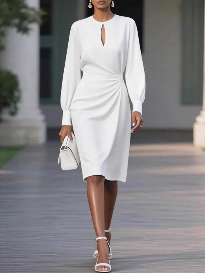 Olivia Bennet | Elasticated Waist High Waisted Hollow Pleated Solid Color Round-Neck Midi Dresses