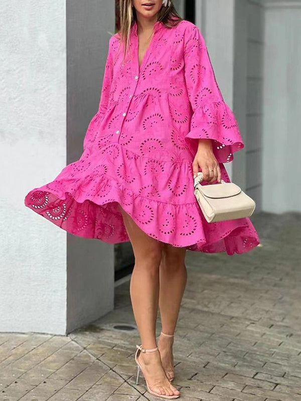 Olivia Bennet | A-Line Flared Sleeves Buttoned Hollow Solid Color Split-Joint V-Neck Mini Dresses