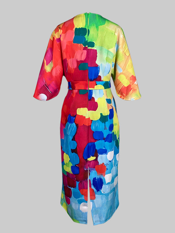 Olivia Bennet | Loose Asymmetric Split-Joint Tied Waist Round-Neck Midi Dresses