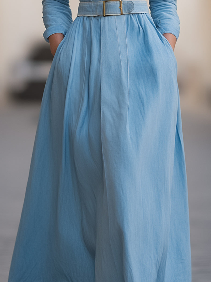 Olivia Bennet | Indigo Belted A-Line Denim Dress