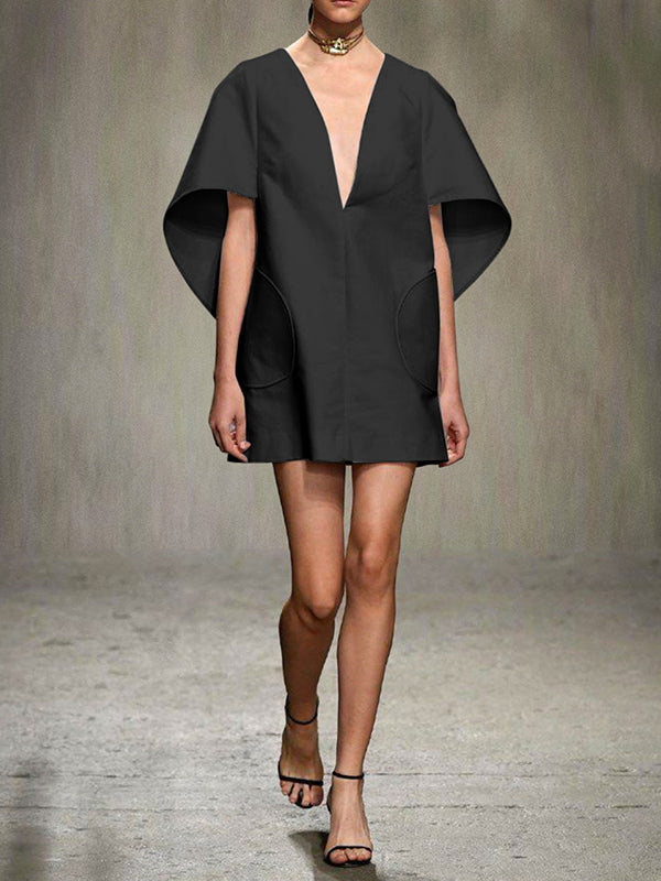Olivia Bennet | Half Sleeves Loose Solid Color Deep V-Neck Mini Dresses