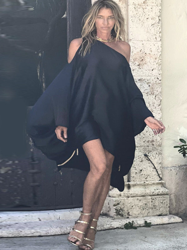 Olivia Bennet | Stylish Loose High-Low Batwing Sleeves Black Midi Dress