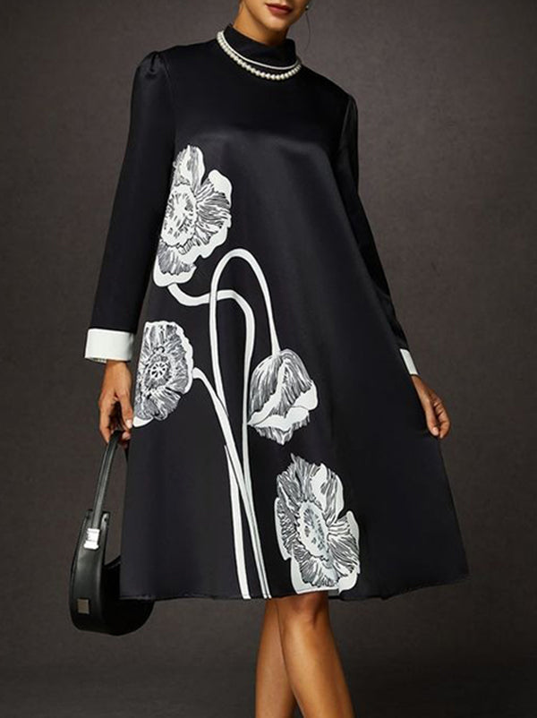 Olivia Bennet | A-Line Long Sleeves Contrast Color Floral Printed Split-Joint High Neck Midi Dresses