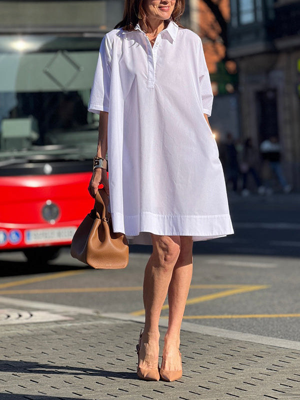 Olivia Bennet | A-Line Short Sleeves Solid Color Split-Joint Lapel Mini Dresses Shirt Dress