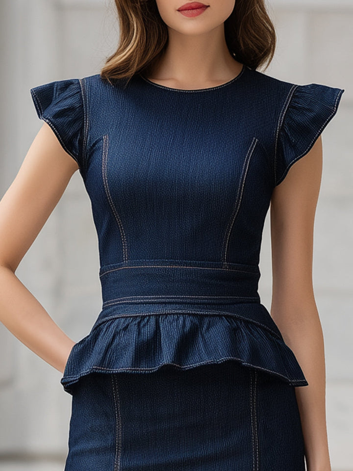 Olivia Bennet | Indigo Structured Ruffled Peplum Denim Dress