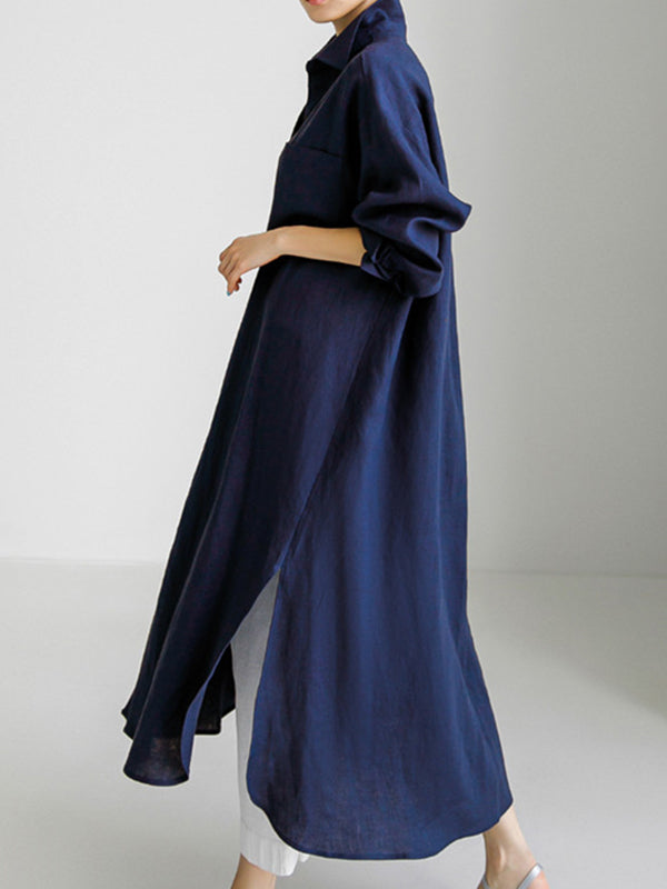 Olivia Bennet | Simple Long Sleeves Split-Side Solid Color Lapel Midi Dresses Shirt Dress