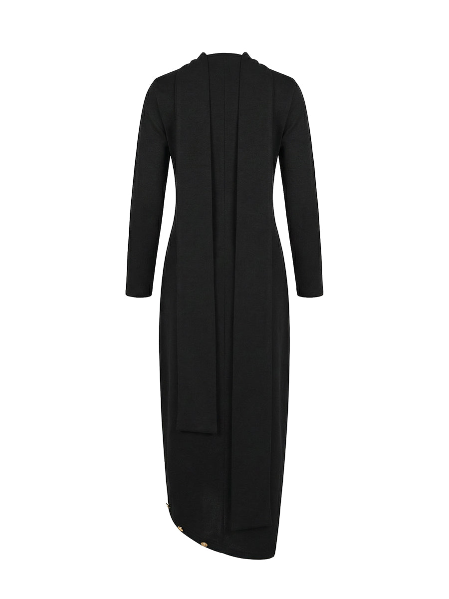 Olivia Bennet | Long Sleeves Loose Asymmetric Buttoned Split-Joint Split-Side Mock Neck Maxi Dresses