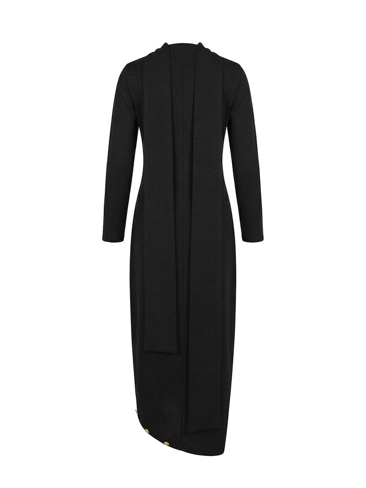 Olivia Bennet | Long Sleeves Loose Asymmetric Buttoned Split-Joint Split-Side Mock Neck Maxi Dresses