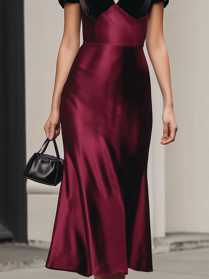Olivia Bennet | Burgundy with Black Velvet Puff-Sleeves Satin Midi Dress