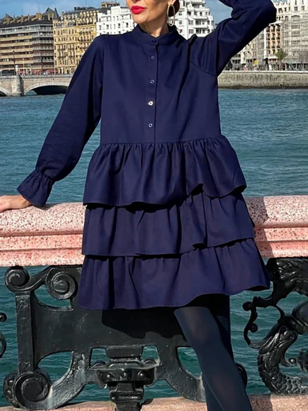 Olivia Bennet | Flared Sleeves Long Sleeves Buttoned Elasticity Layered Solid Color V-Neck Mini Dresses