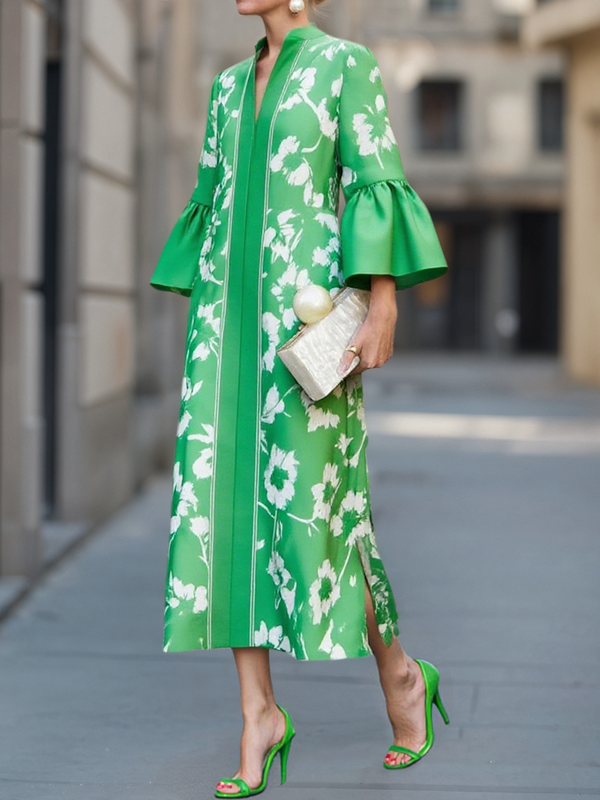 Olivia Bennet | Flared Sleeves Loose Flower Print Pleated Pockets Split-Side V-Neck Maxi Dresses