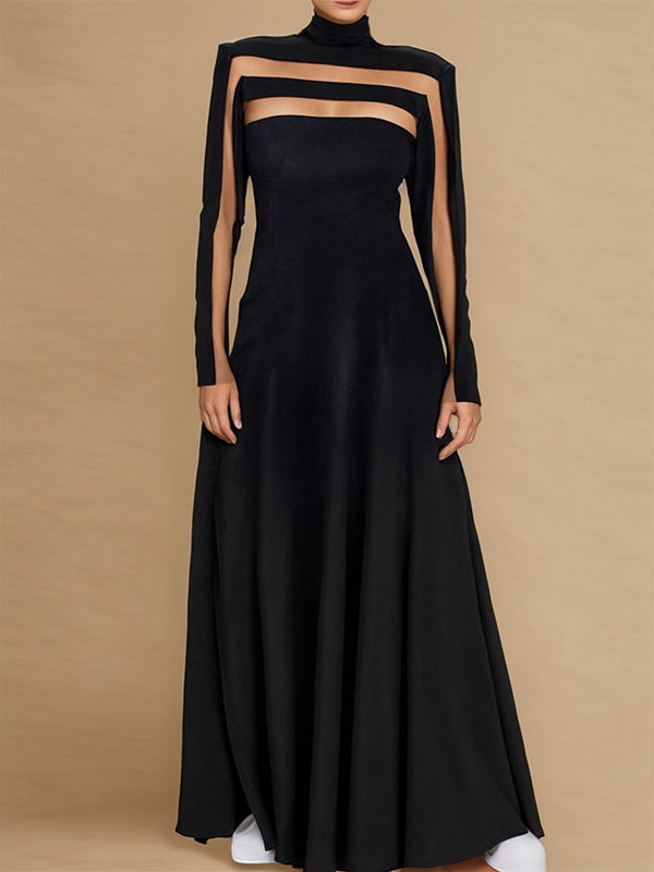Olivia Bennet | A-Line Long Sleeves Split-Joint High Neck Maxi Dresses