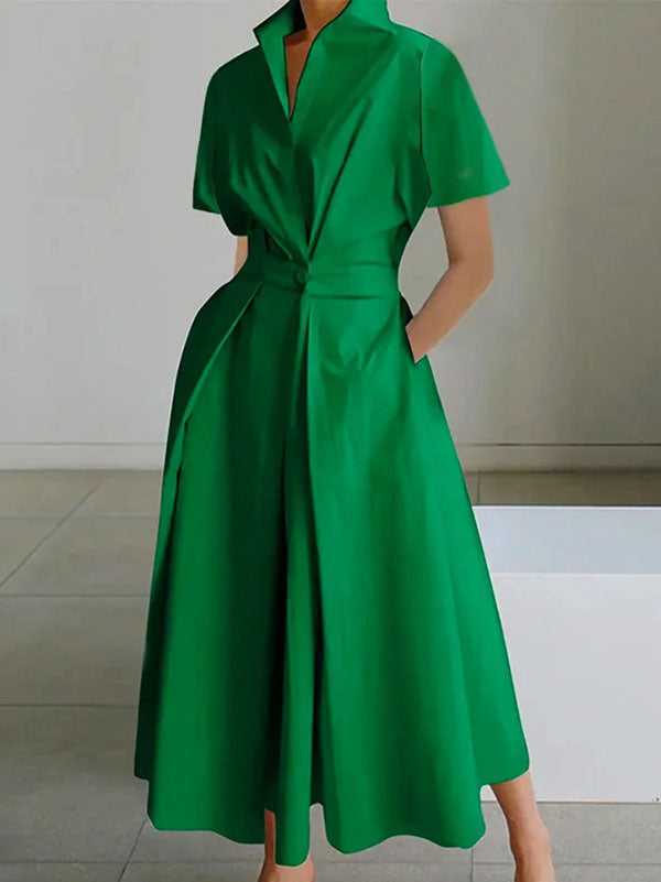 Olivia Bennet | High Waisted Loose Pleated Solid Color V-Neck Midi Dresses