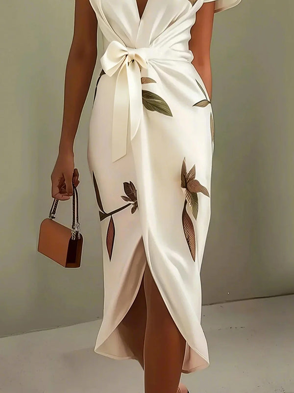 Olivia Bennet | Raglan Sleeve Asymmetric Pleated Printed Split-Joint V-Neck Midi Dresses