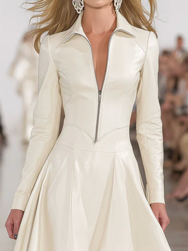 Olivia Bennet | Long Sleeves Skinny Soft Zipper Lapel Midi Dresses