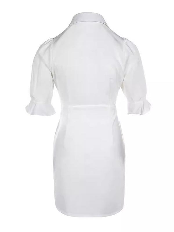 Olivia Bennet | Puff Sleeves Short Sleeves Solid Color Split-Joint Lapel Mini Dresses Shirt Dress