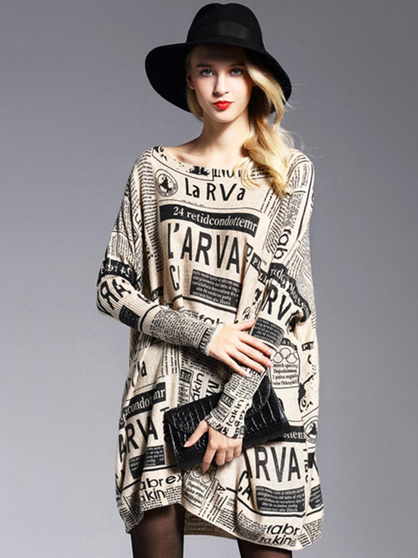 Olivia Bennet | Vintage Loose One-Shoulder Newspaper Printed Split-Joint Sweater