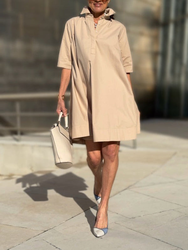 Olivia Bennet | A-Line Short Sleeves Solid Color Split-Joint Lapel Mini Dresses Shirt Dress