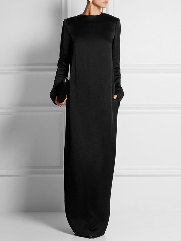 Olivia Bennet | Long Sleeves Loose Solid Color Round-Neck Maxi Dresses